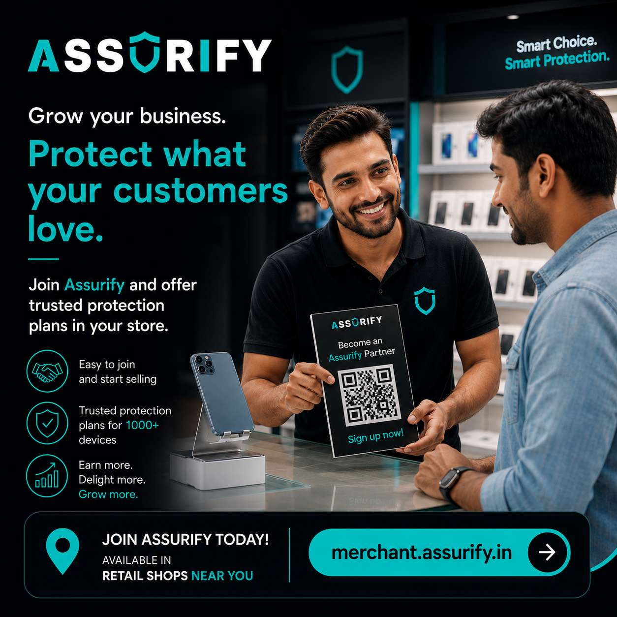 A small retail shop owner smiling while using a tablet to manage the Assurify Merchant Program, showcasing easy device protection sales and increased customer satisfaction.